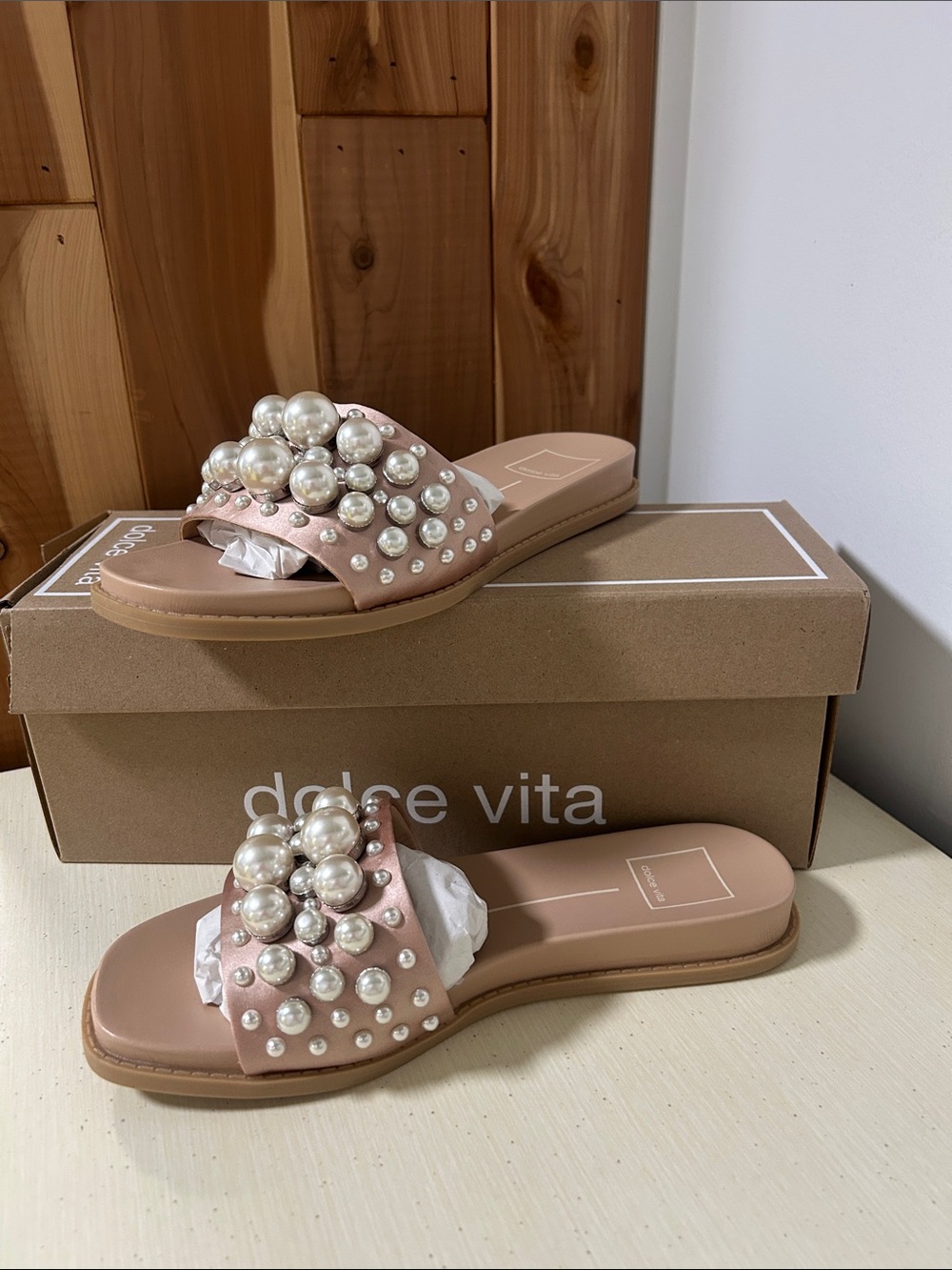 Dolce Vita Blush Pearl-Studded Slide Sandals NWT 7